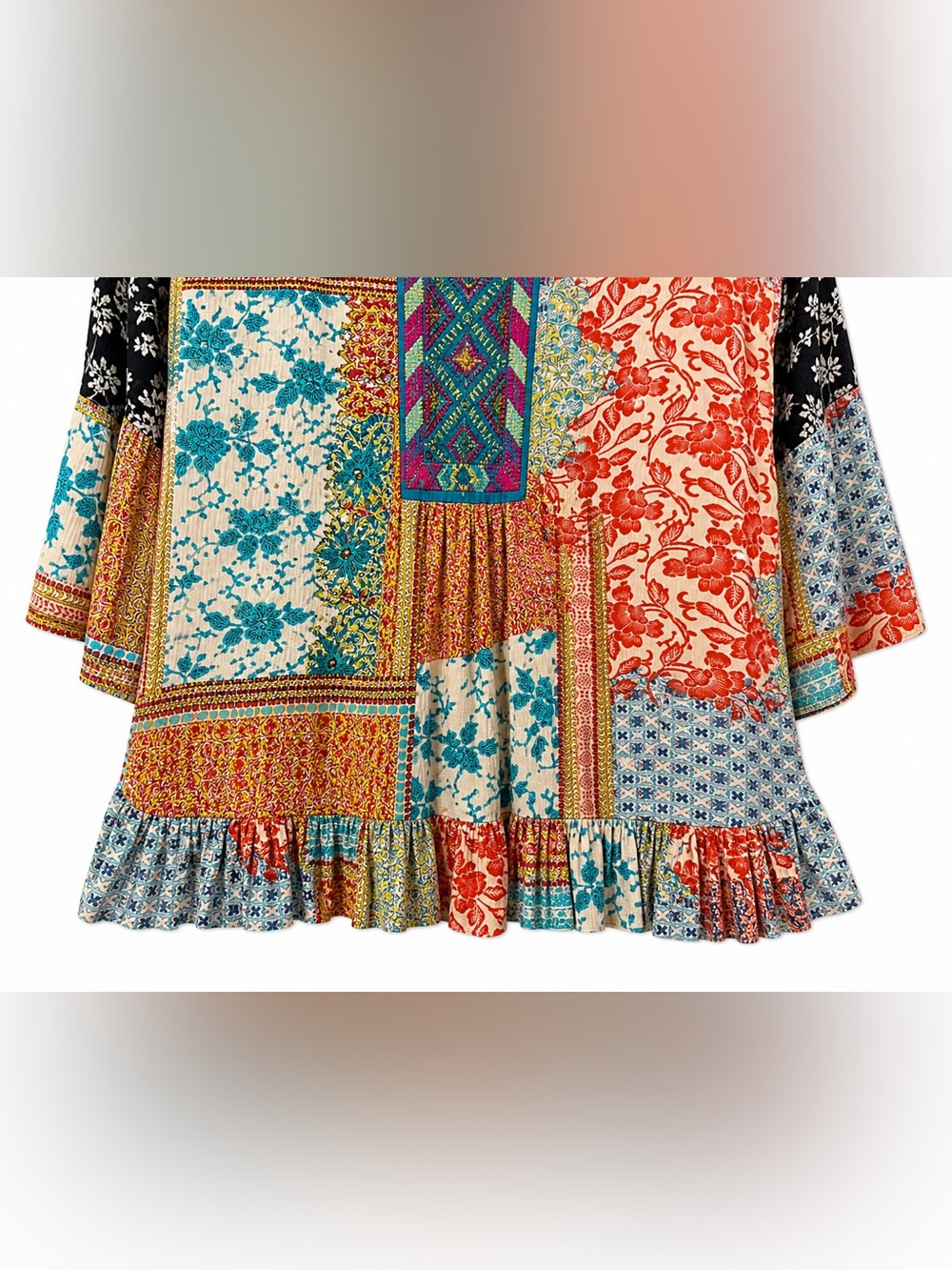 Calessa Patchwork Boho Tunic Top Bell Sleeve Embroidered Women’s Large - Picture 2 of 5